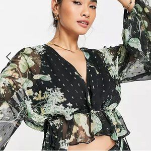 ASOS Design matching printed blouson sleeve top with tie channel waist chiffon